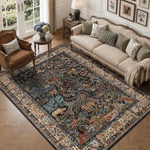 5x7 Black Washable Area Rug, Vintage Animals Print Boho Rug, Non Slip Low Pile Stain Resistance Floor Carpet for Living Room Bedroom Dining Room Nursery Home Decor