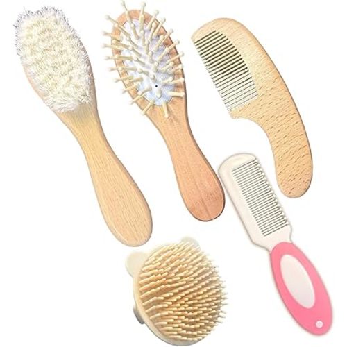 5PCS Baby Brush and Comb Set, Baby Hair Brush with Soft Goat Bristles, Cradle Cap Brush for Cradle Cap Care, Baby Care Essentials for Newborns, Toddlers, Girls and Boys