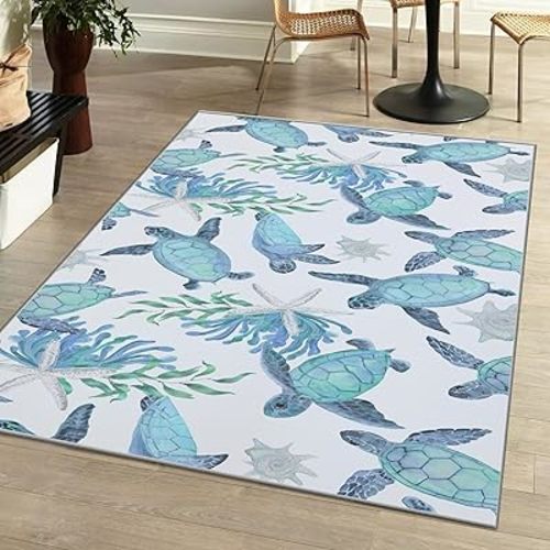 Tritard Coastal Sea Turtles Area Rugs Beach Themed Nautical Non Slip Area Rugs Stain Resistant Washable Accent Rugs Non Shedding Floor Carpet for Living Room Bedroom, Teal, 8x10 Feet