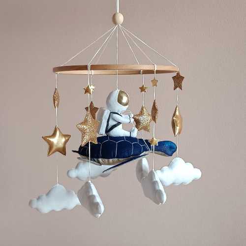 Outer space baby mobile for crib, blue turtle astronaut mobile, Galaxy nursery decor, Baby shower gift, New baby gift, Solar system mobile