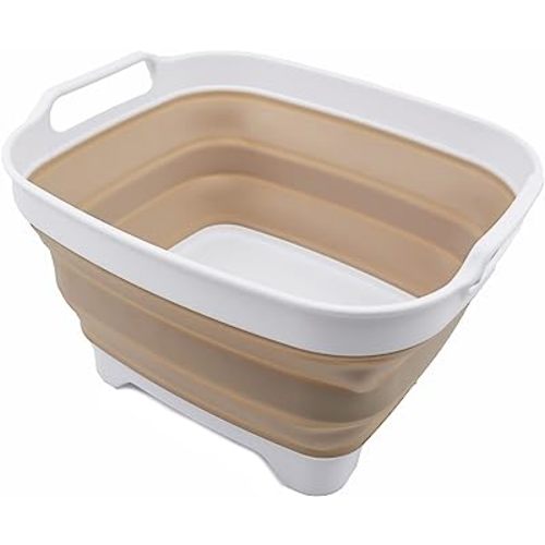 SAMMART 7.5L (2 Gallons) Collapsible Dishpan with Draining Plug - Foldable Washing Basin - Portable Dish Washing Tub - Space Saving Kitchen Storage Tray (White/Latte, 1)