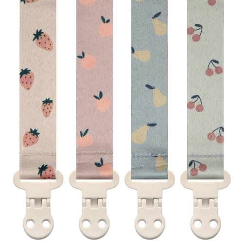 Baby Pacifier Clip Holder - Girl or Boy Unisex 4 Pack Gift Set – Summer Peaches Strawberies Cherries Pears (Fruits)