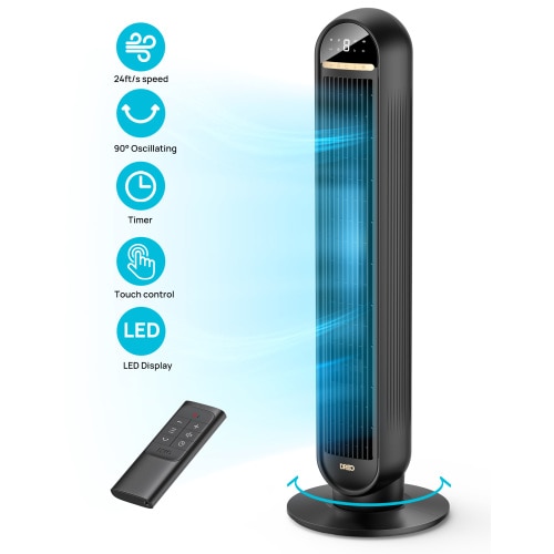 Dreo Tower Fans for Home, 2023 NEW 36" Standing Floor Fan with Remote, 90° Oscillating Fan, 24 ft/s High Velocity, LED Display, 4 Speeds, 4 Modes, 8H Timer, Quiet Bedroom Fan