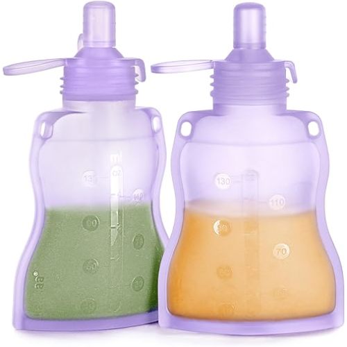 haakaa Yummy Pouch Reusable Baby Food Pouch, Reusable Pouches for Toddlers Kids Squeezable Pouch,Washable Freezer-Make Homemade Organic Food for Babies/Toddlers, 4oz, 2 Pack,6m+(Lavender)