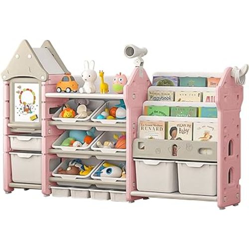 UNICOO - Kids Toy Storage Organizer and Children Bookshelf, with 14 Bins, Pull-Out Drawers Multipurpose Shelf for Toddlers to Organize Toys and Books (Magic Castle – Pink)