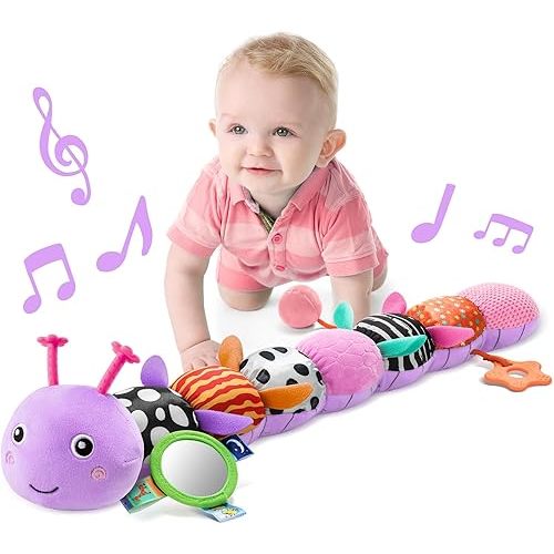 LIGHTDESIRE Baby Toys 6-12 Months Musical Caterpillar,Infant Toys Stuffed Animals with Ruler Design Mirror,Pull String,Crinkle&Rattles,Teething Toys for Tummy Time, Boy Girl Gifts 0-12 Months(Purple)