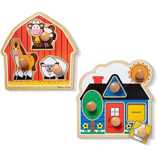Melissa & Doug Jumbo Knob Wooden Puzzles Set - Shapes and Barn