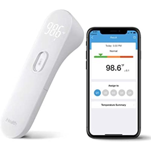 iHealth Wireless No-Touch Thermometer for Adults, Digital Infrared Fever Thermometer for Home, Thermometer for Babies & Kids with 3 Sensors, Bluetooth Forehead Thermometer with Gentle Vibration Sensor
