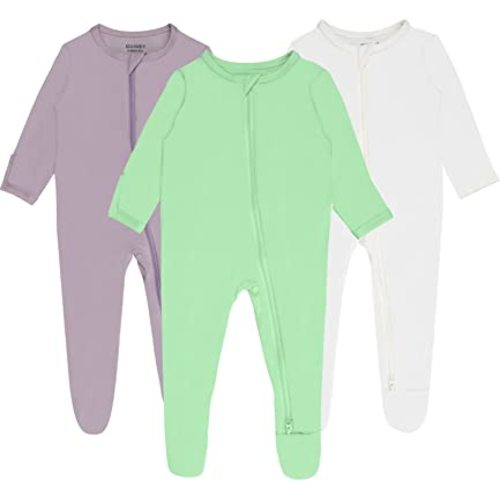 Bamboo Baby Footed Pajamas with Mittens for Girls Boys, 2 Way Zipper Long Sleeve Sleepers 3-pack