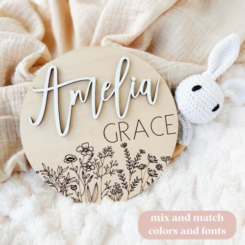 Boho Baby Name Announcement Sign Wildflower Name Circle/ Engraved Baby Name Circle Birth Announcement Sign 3D Wildflower Baby Name Sign Gift