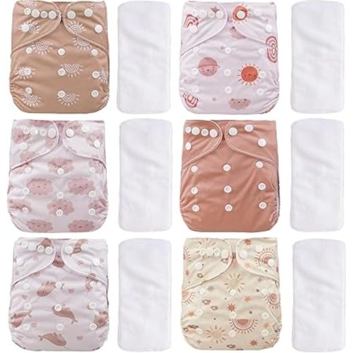 12 Set Reusable Adjustable Cloth Diapers for Newborn to 0-3 Years,One Size Washable Pocket Nappy Covers for Baby Girl and Boy,6 Pack Cloth Diapers+6pcs Microfiber Inserts(Pink)