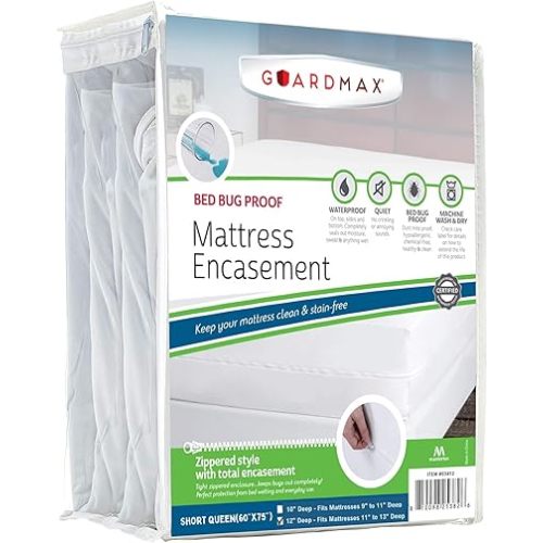 Guardmax Zippered Mattress Protector - Short Queen Size - 100% Waterproof and Bed Bug Proof Mattress Encasement - Stretches to 11 Inches. Mattress Cover is Soft, Breathable, and Hypoallergenic