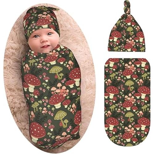 Cute Mushroom Newborn Swaddle Blanket with Beanie Set, Soft and Stretchy Baby Blanket Swaddle Sack for Boy and Girl