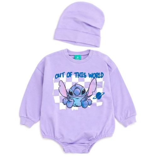 Disney Lilo & Stitch Newborn Baby Boys French Terry Bubble Romper Oversized Bodysuit and Hat Lavender Stitch 6-9 Months
