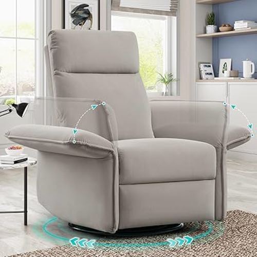 CDCASA 360° Swivel Rocker Recliner Chair, Velvet Nursery Glider Rocking Chairs w/Adjustable Armrests, Manual Reclining Sofa Chair for Living Room, Theater, Nursery,1PC, Light Grey