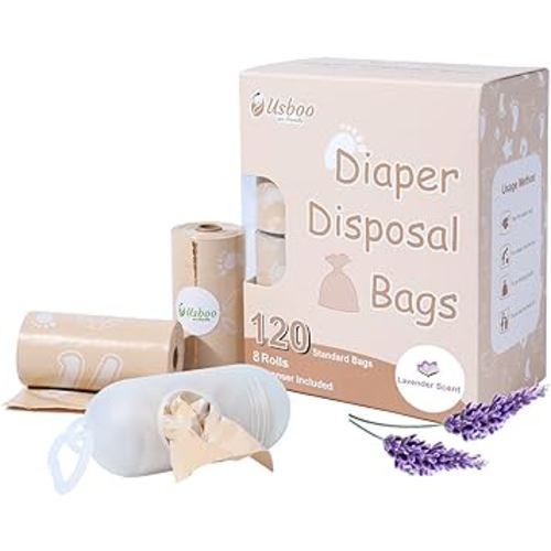 Diaper Bags Disposable for Baby, Biodegradeable Dirty Diaper Bags (8 Refill Rolls/120 Bags) with Dispenser, Leak Proof Diaper Trash Bags, Baby Poop Bags, Lavender Scent