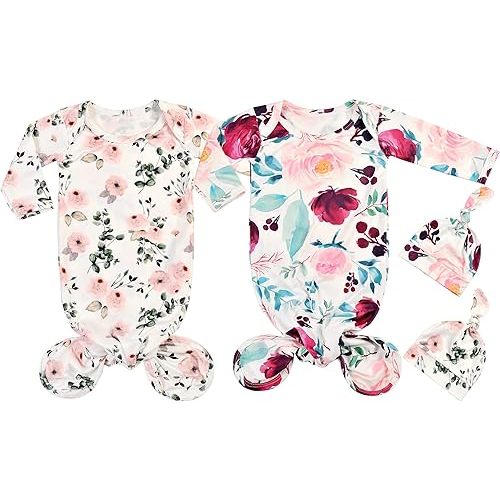 Newborn Baby Sleeper Gown Knotted Gown Baby Girl Coming Home Outfits 2-Piece Gown and Hat Set