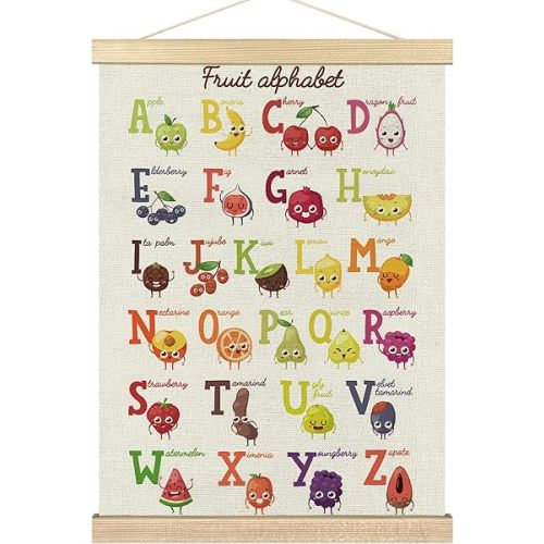 BCUANGD ABC Kids Wall Art - Fruit Alphabet Educational Wall Decor Poster Hanger with Wood Frames, Cute Classroom Wall Hanging Canvas Decor for Playroom Nursery Toddler Kids Room, 12x16 Inches