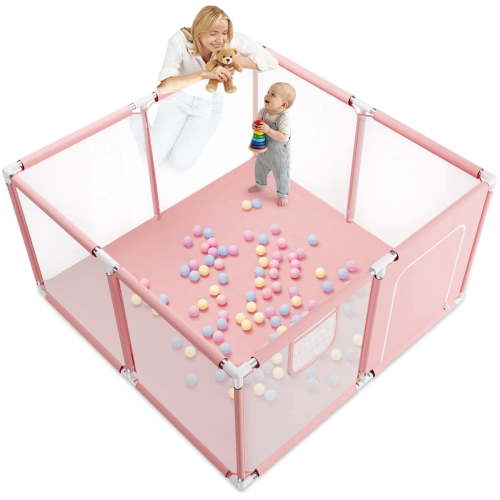 Baby Playpen 4-Panel, Kids Folding Playard, Portable Safety Yard for Infant Toddler, Pink, Outdoor Use