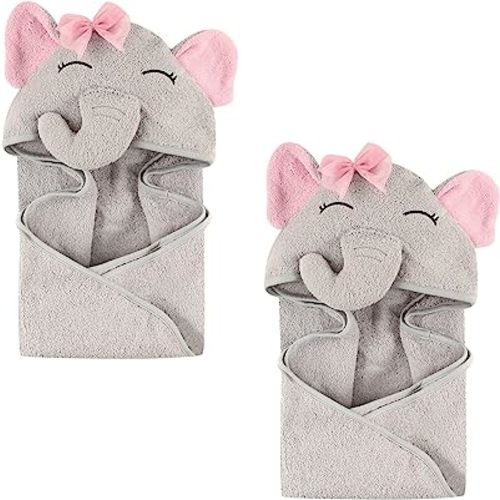 Hudson Baby Unisex Baby Cotton Animal Face Hooded Towel, Pretty Elephant 2-Piece, One Size