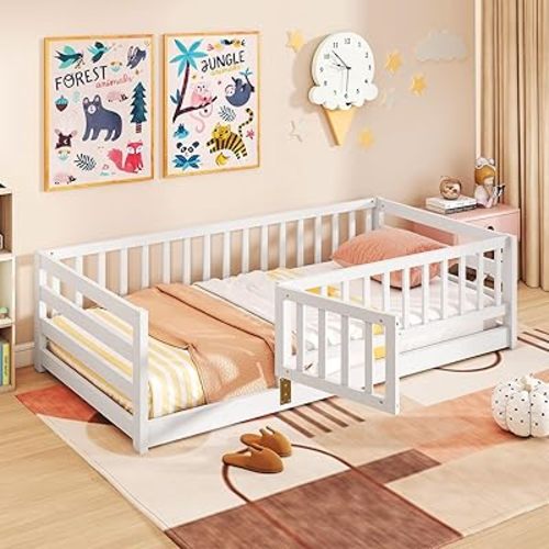 Giantex Twin Floor Bed with High Fence & Door, Montessori Floor Bed with 21.5" Safety Guardrails, Solid Wood Twin Beds Frame for Kids Girls, Boys, Without Slats, White