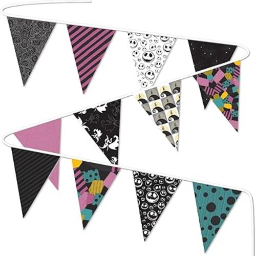 Fabric Pennant Banner for Jack and Sally Themed Party Decorations, Nightmare Christmas Themed Birthday Party Supplies, Holiday Birthday Decors, Halloween Yard Sign