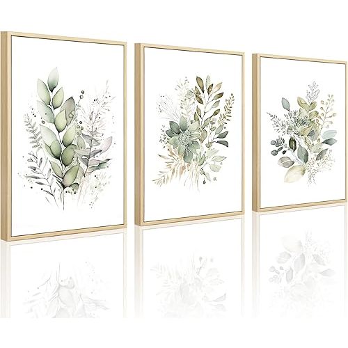 Joocrise Watercolor Botanical Wall Art Set of 3 Boho Floral Canvas Wall Decor Prints Sage Green Wildflower Wall Art Modern Flower Pictures Botanical Painting for Bedroom Bathroom 12x16 Inch Framed