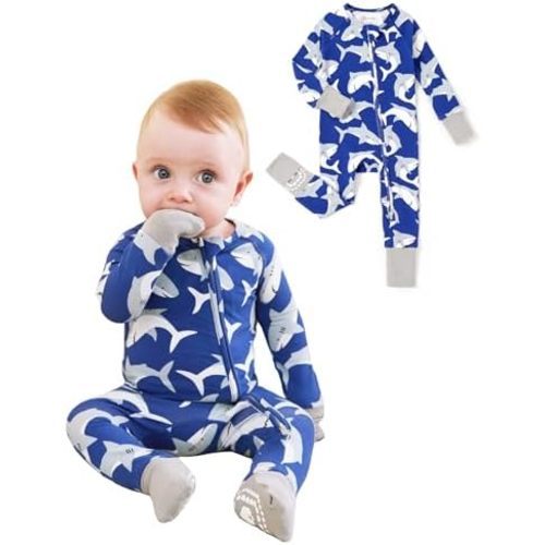 PATPAT Organic Cotton Baby Footie Pajamas with Two-Way Zipper & Fold-Over Mittens, Soft Stretchy Romper for Newborn Boy Girl
