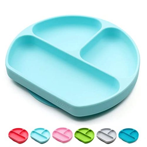 Silicone Suction Plates for Babies, Stick to High Chair Trays and Table, Divided Baby Dishes, Perfect Kids Plates, BPA FREE - Lightblue