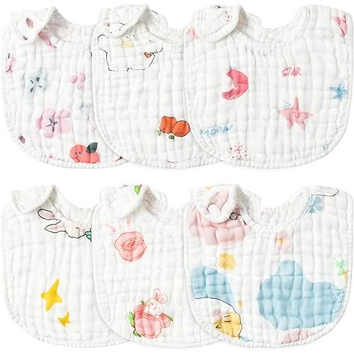 Zainpe 6Pcs Snap Muslin Cotton Baby Bibs Star Cat Rabbit Pattern Adjustable Feeding Bib Machine Washable Unisex Burp Cloths with 6 Absorbent & Soft Layers for Infant Toddler Newborn Eating Drooling