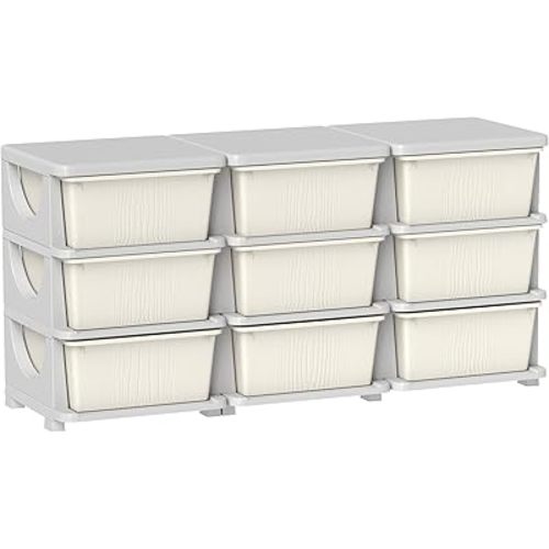 Qaba 3 Tier Kids Storage Unit, 9 Drawer Chest Toy Organizer Plastic Bins for Kids Bedroom Nursery Kindergarten Living Room for Boys Girls Toddlers, Cream White