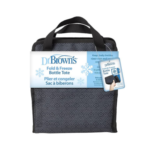 Dr. Brown's Fold & Freeze Bottle Tote, Travel Baby Bottle Insulated Cooler Bag, Store Up to 6 Baby Bottles, Black, BPA Free