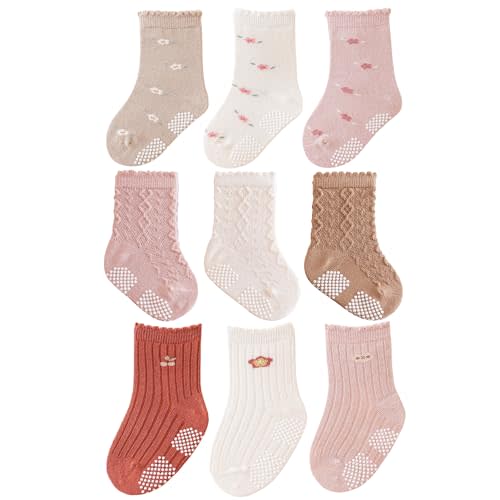 J Poqobog Baby Crew Socks,Grips Combed Cotton Socks Toddler Non-Skid for Girls,Boys Non Slip/Anti Skid 9-Pack
