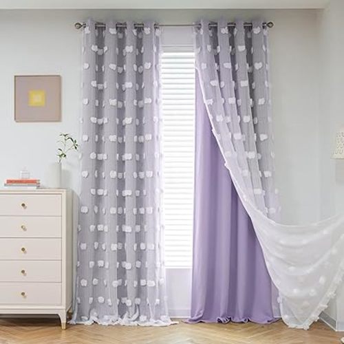 MYSKY HOME Light Blocking Lilac Curtains White Sheer Pom Pom Kids Room Decor Drapes for Living Room 95 Inches Long Double Layer Curtains for Sliding Door Grommet Window Panels Set of 2 52" x 95"