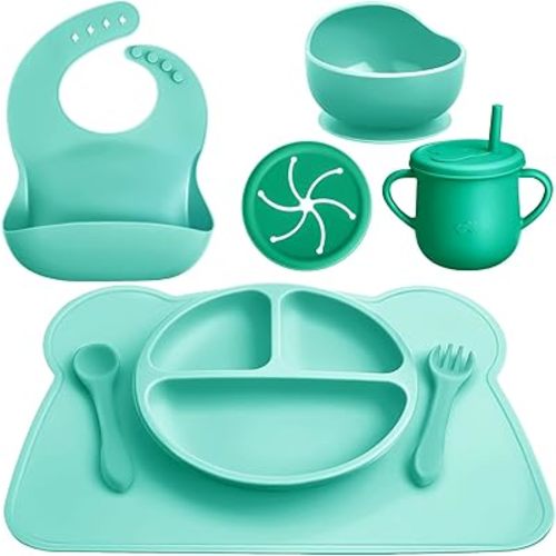 8 Pack Baby Feeding Eating Supplies Silicone Suction Divided Plate Baby Bibs Suction Bowl Silicone Placemat Silicone Spoon and Fork Silicone Cup with Straw Baby Tableware Set for Toddler (Mint Green)