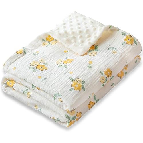 BOPRIO Mantas de bebé unisex para niños y niñas, mantas súper suaves con parte delantera de muselina transpirable de algodón y respaldo de forro polar de puntos 3D táctil, mantas de cama con estampado