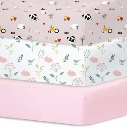 Little Grape Land Crib Sheets for Baby Girls Boys 3 Pack, 28"x 52" Extra Soft Microfiber Crib Sheet Set for Standard Crib & Toddler Mattress Pad, Rustic Ranch-Pink & Spring & Pink
