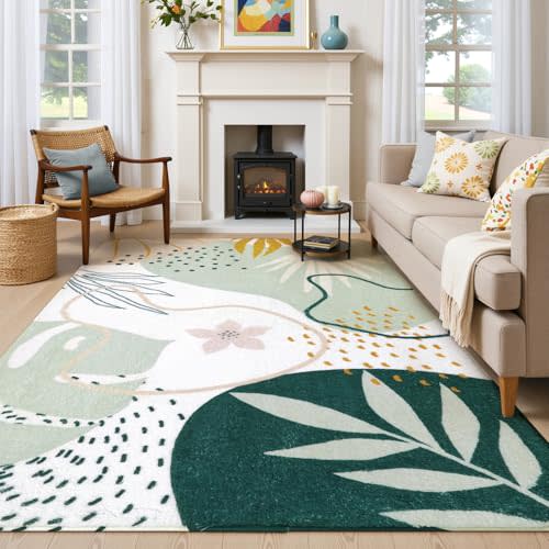 Lahome Green Machine Washable Rugs - 6x9 Rug for Living Room Non-Slip Large Boho Area Rug Lightweight Throw Non-Shed Dining Room Rug, Soft Botanical Print Floor Carpet for Bedroom Classroom Office