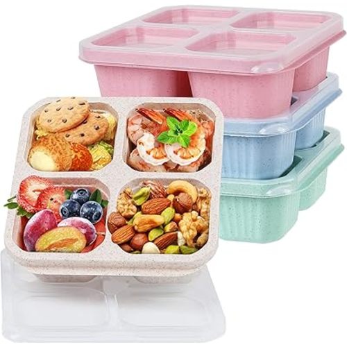 4 Pack Bento Snack Containers Set, 4 Compartment Food Storage Containers Wheat Straw Meal Prep Lunch Box Plastic Food Storage Containers, Microwave and Dishwasher Safe (4colour)