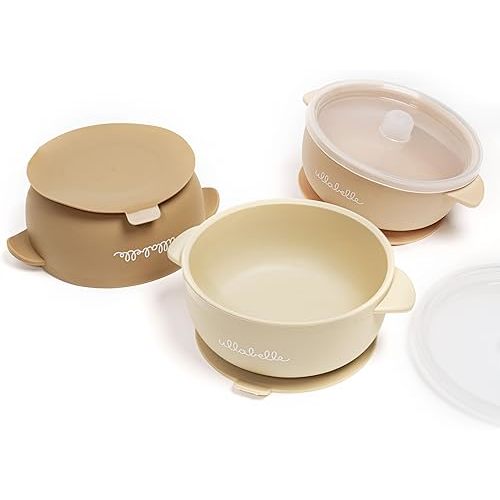 Ullabelle 3 Pack Silicone Bowls for Baby with Lids, Perfect for Babies, Toddlers & Infants, BPA Free Silicone Baby Bowls, Food Grade, Microwave & Dishwasher, Leakproof with Strong Grip Base (Beige)