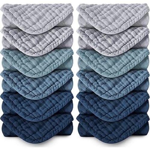 MOON PARK Baby Washcloths, 12 Pack - 12x12 Inches, Small Burp Cloths and Baby Wipes - 100% Cotton Muslin Ultra Soft for Newborn, Infant and Toddlers - Slate, Grey and Navy Series