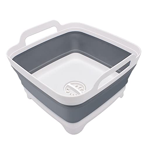 2.4 Gal(9L) Collapsible Dish Basin with Drain Plug, Space Saving Outdoor Multiuse Foldable Sink Tub, Dishpan, Kitchen Storage Tray for Camping, Vegetable Washing, RV (Gray)