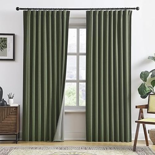 RAIN CITY 2 PCs Olive Green Linen Blackout Curtains 84 Inch Long for Living Room,Pinch Pleated Drape with Hooks Back Tab Boho Decor, Olive Forest Loden Full Black Out Curtains for Bedroom