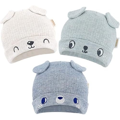 DOKMA Organic Cotton Toddler Hat Set 3 Cute Animal Ears Design, Beanies for Baby Boys and Girls 0-3 Months Light Gray & Blue