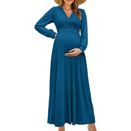 OUGES Fall Maternity Maxi Dress Long Sleeve Wrap V Neck Baby Shower Pregnancy Dresses for Photoshoot Maternity Clothes