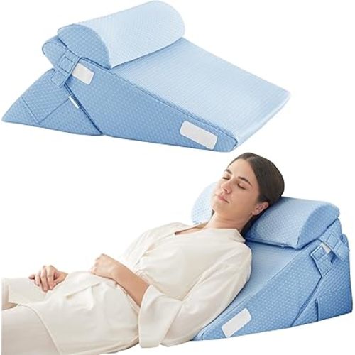 3Pcs Orthopedic Bed Wedge Pillow Set, Foam Wedge Pillow Post Surgery for Back, Leg and Knee Support, Adjustable 9&12 Inch Folding Triangle Pillow for Sleeping, Acid Reflux, Snoring, Light Blue