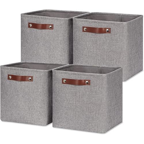 HNZIGE Collapsible Storage Basket,(4Pack) Cube Storage Baskets for Organizing Shelves,Fabric Baskets for Storage,11x11 Storage Basket for Dog Toys,Closet,Book,Clothes Storage with Handles(Grey)