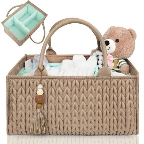 MOMINSIDE Diaper Caddy Organizer, Nursery Storage, Portable Changing Table Car Caddy - Girl Boy, Baby Registry, Newborn Essentials (Brown)
