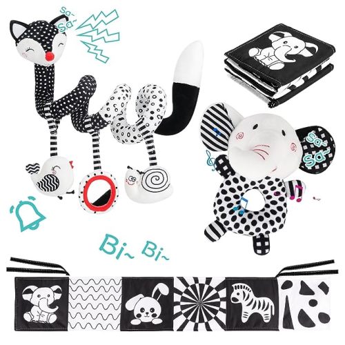 AJsupojouet 3 Pcs Car Seat Toys for Babies 0-6 Months，Black and White Baby Toys 0-3 Months，High Contrast Baby Toys for Newborn Toys，Infant Toys，Baby Rattles，Baby Books，Stroller Toys，Great Baby Gifts - Fox