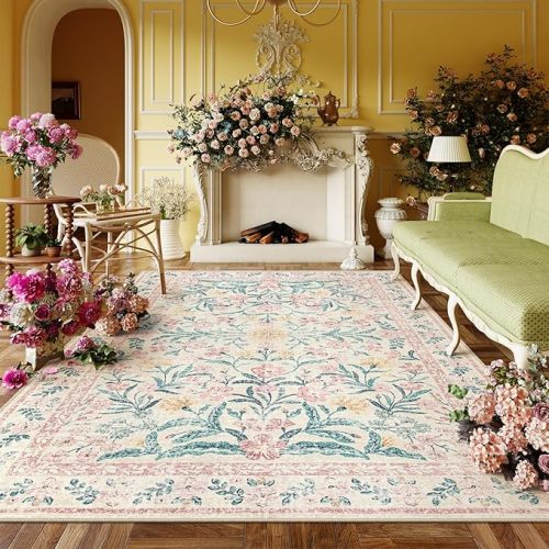 Lahome Pink Boho Rugs for Living Room 5x7, Washable Area Rugs for Bedroom Girls Non Slip, Soft Floral Low-Pile Nursery Carpet for Dining Room Kids Room Indoor, Pink/Multi
